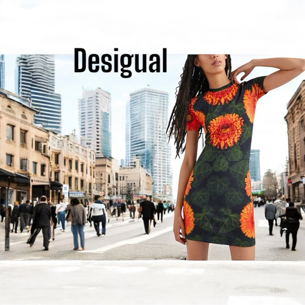 Desigual Floral Print Dress with Vibrant Sunflowers sz XL